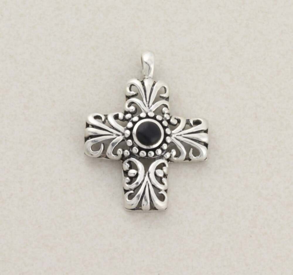 Pendant Only Sterling Silver Natural Onyx Cross Pendant 1 3/4" x 1 1/4" inch